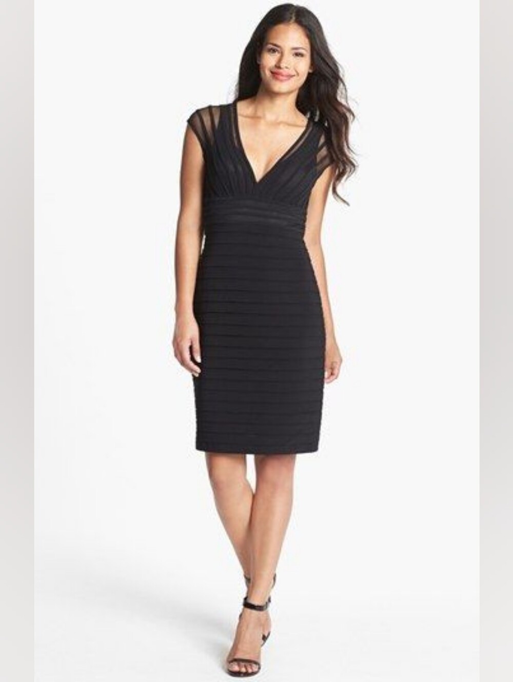 Adrianna Papell Black Sheer Yoke Layered Sheath Dress